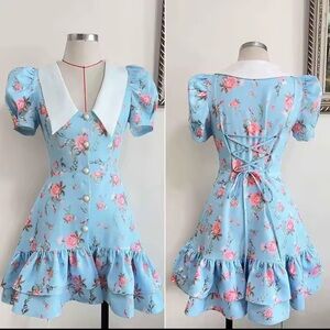 Blue Floral Puff-Sleeve Dress with White Collar